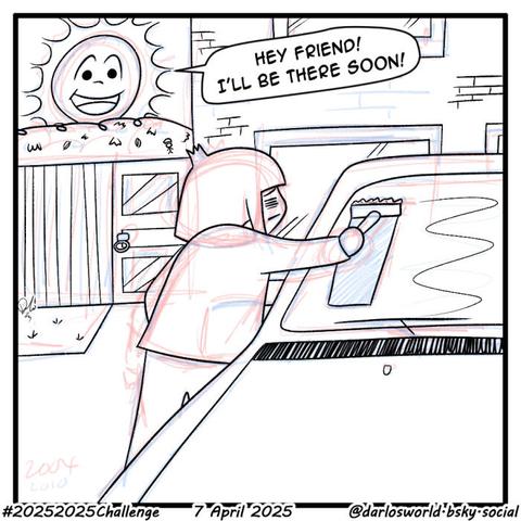 Drawing of Darlo scraping ice off the windscreen of his car, while the Sun greets him in the distance.
"Hey friend! I'll be there soon!"