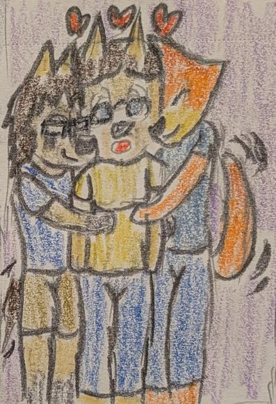 Color pencil drawing of three characters. Eli Norainu, an anthro dog man, my main OC, and Diane Foxingron, a fox woman from The Bad Guys, hug their mother Riley Norainu, an anthro dog woman, who is surprised.