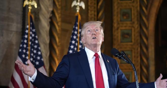 Republican presidential nominee former President Donald Trump talks about the size of the room as he speaks to reporters during a news conference at his Mar-a-Lago estate Thursday, Aug. 8, 2024, in Palm Beach, Fla. (AP Photo/Alex Brandon)