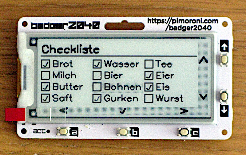 Hier zeigt das Badge die Funktion "Checkliste" an. Dort beispielhaft eingetragen ist eine Einkaufsliste mit einzelnen Posten, welche man an- und abhaken kann, z.B. Milch, Brot, Butter etc.