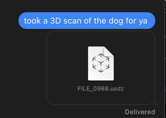 outgoing iMessage: “I took a 3d scan of the dog for ya” along with a USDZ attachment