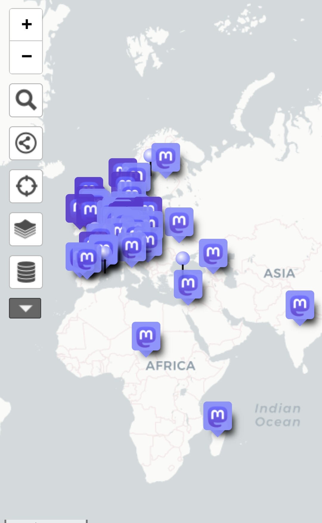A screenshot of the website showing Mastodon instances based on location where it's hosted.