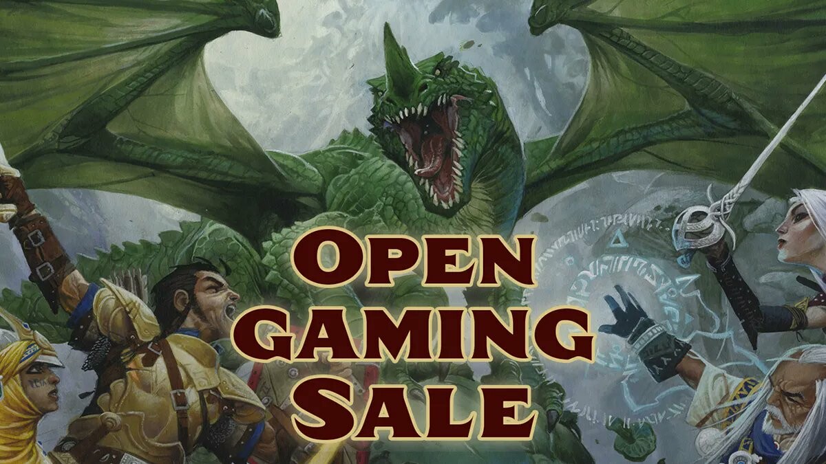 Open Gaming Sale against a background of iconic adventurers fighting a dragon.