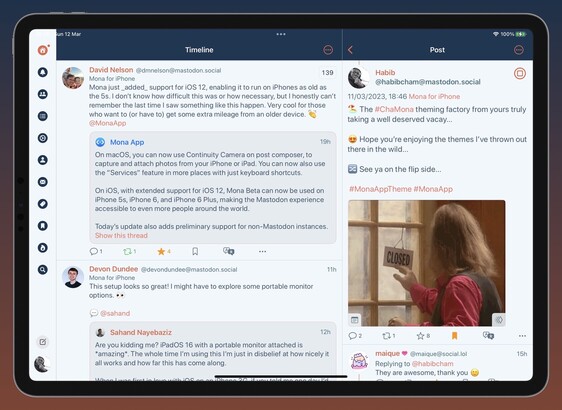 iPad screenshot showing Mona for Mastodon (Beta) custom themes by #ChaMona.