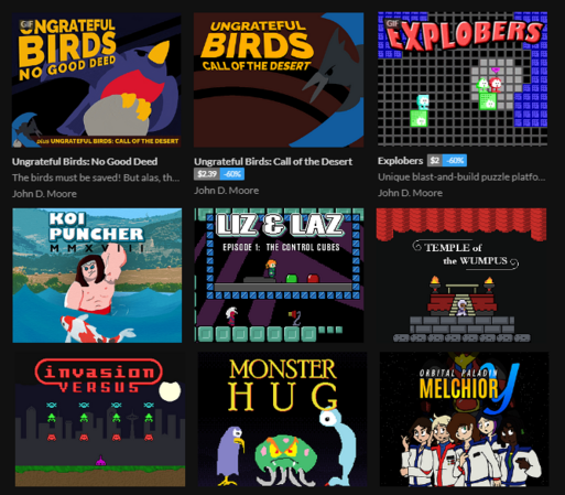 Screenshot of game titles from Whatnot Studios