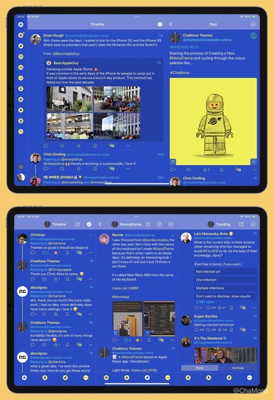iPad screenshots of Mona for Mastodon app (Beta) custom theme: Bluetiful - featuring Bluetiful, Maximum Yellow and Bright Turquoise colour palette.