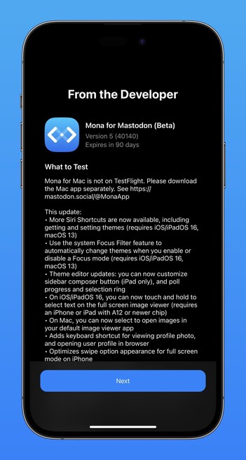 Screenshot of Mona for Mastodon (Beta) update notes to version 5 (40140).