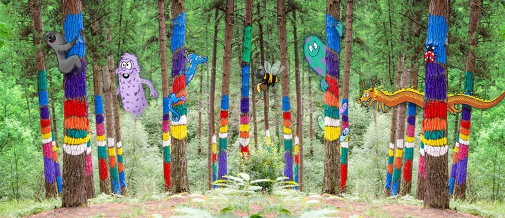 Illustration of a group of magical creatures hiding behind the trees of Oma Painted Forest. 