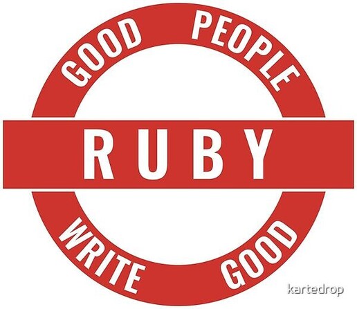 Circular sticker design with the phase, "Good People Write Good Ruby" in red.