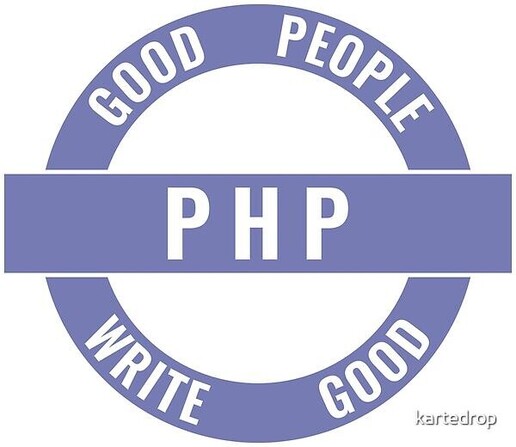 Circular sticker design with the phase, "Good People Write Good PHP" in purple.