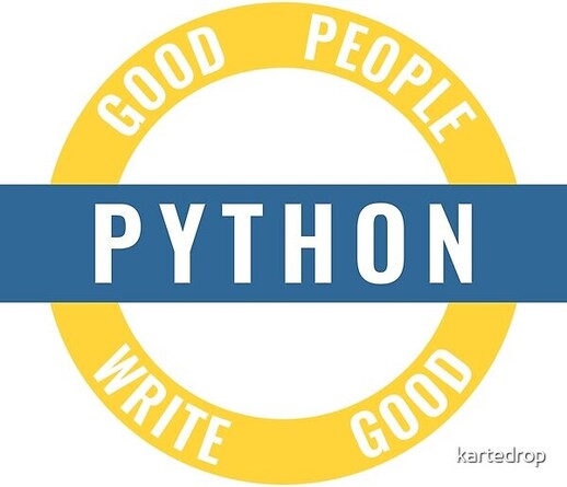 Circular sticker design with the phase, "Good People Write Good Python" in blue and yellow.