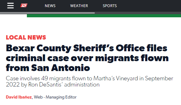 Bexar County Sheriff’s Office files criminal case over migrants flown from San Antonio
Case involves 49 migrants flown to Martha’s Vineyard in September 2022 by Ron DeSantis’ administration
