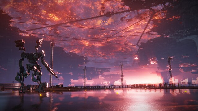Screenshot of the cinematic that plays at the end of Chapter one: your Armored Core in the sunset of the Coral surge.