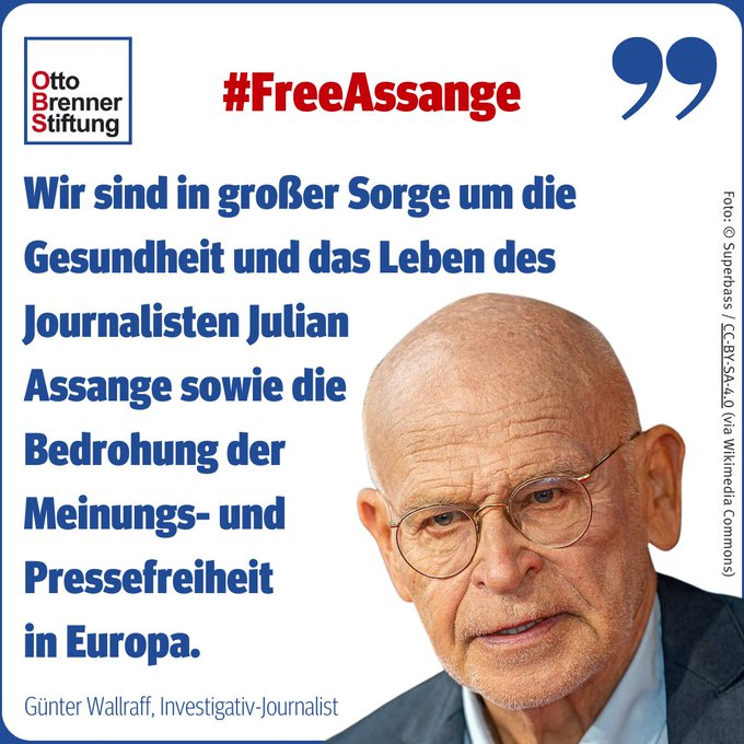 Zu sehen ist Günter Wallraff und das Statement: Wir sind in großer Sorge um die Gesundheit und das Leben des Journalisten Julian Assange sowie die Bedrohung der Meinungs- und Pressefreiheit in Europa.