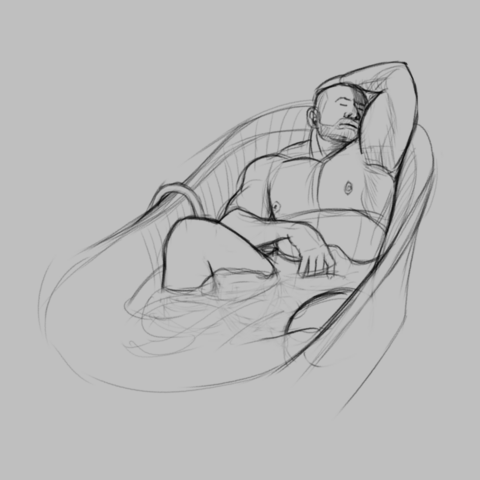 Larger view of the third sketch. A muscular man is laying in a bathtub, viewed from the front at a slight angle to the right. His left arm is held up, his hand resting on top of his head, which is turned towards his left. His eyes are closed. His right arm is resting against his right upper leg, which pokes out of the water. His right hand is hanging relaxed over the foam in front of him. 