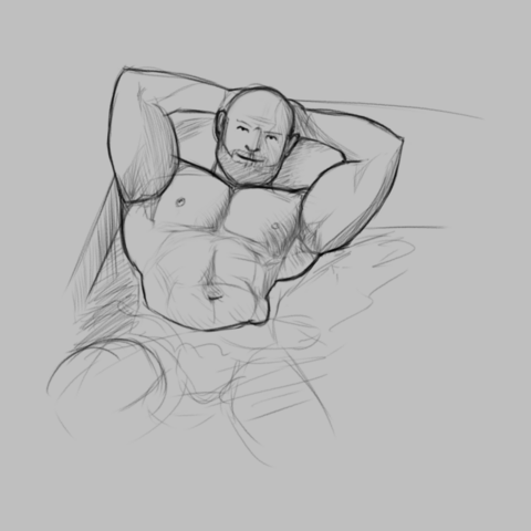 Larger view of the forth and last sketch. A muscular man laying in a corver of a larger bathtub, viewed from the front. Both arms are held up, hands resting against the back of his head. His upper body is curved to the left. He's looking directly at the viewer. 
This sketch is the most refined, with many shaded areas indicating the forms. 