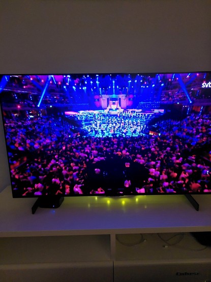 Television shot from the broadcast of Last Night of The Proms. Crowd and the BBC Symphony orchestra.