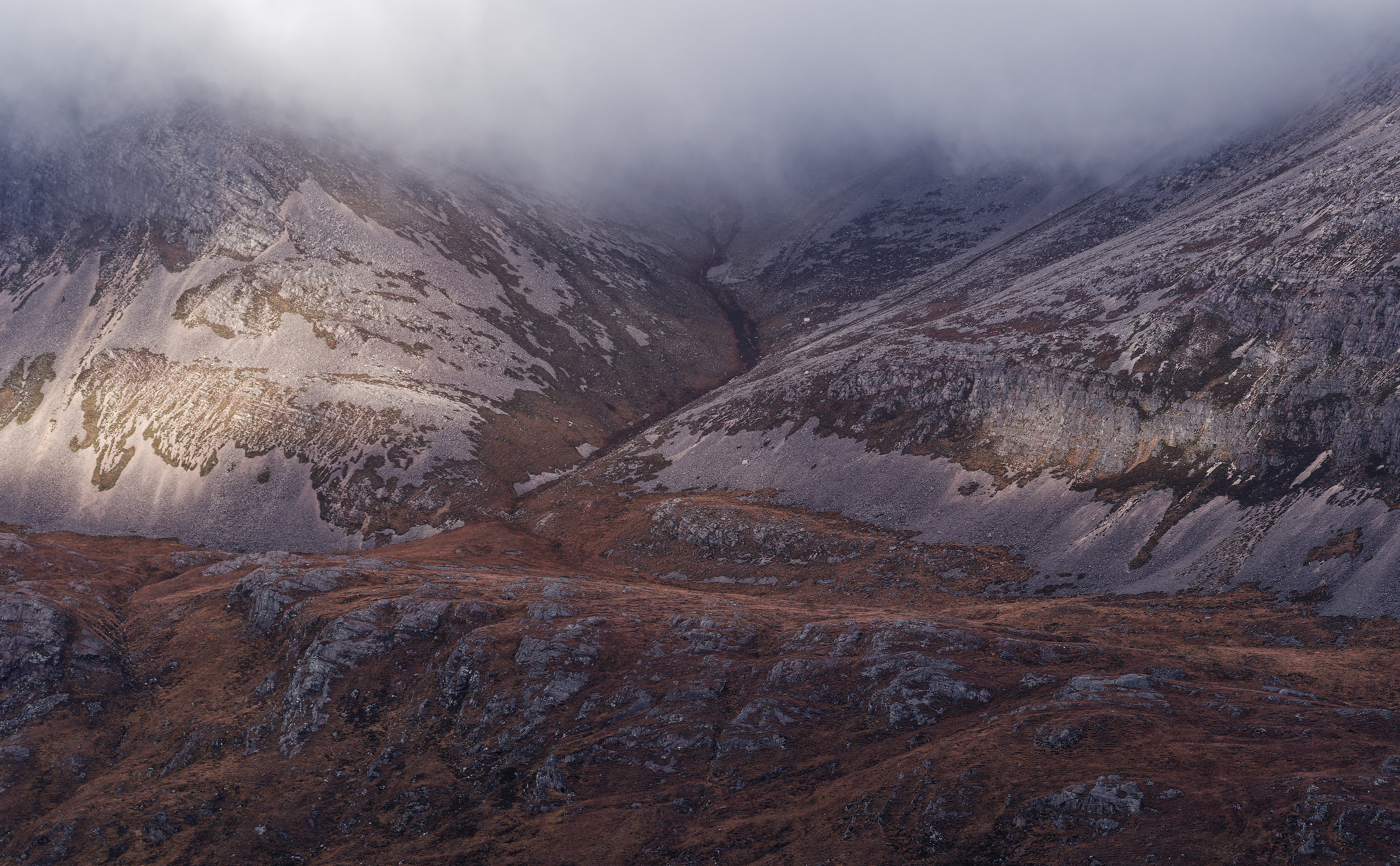 Sunlight and mist: atmospheric landscape, slopes of Beinn Stack