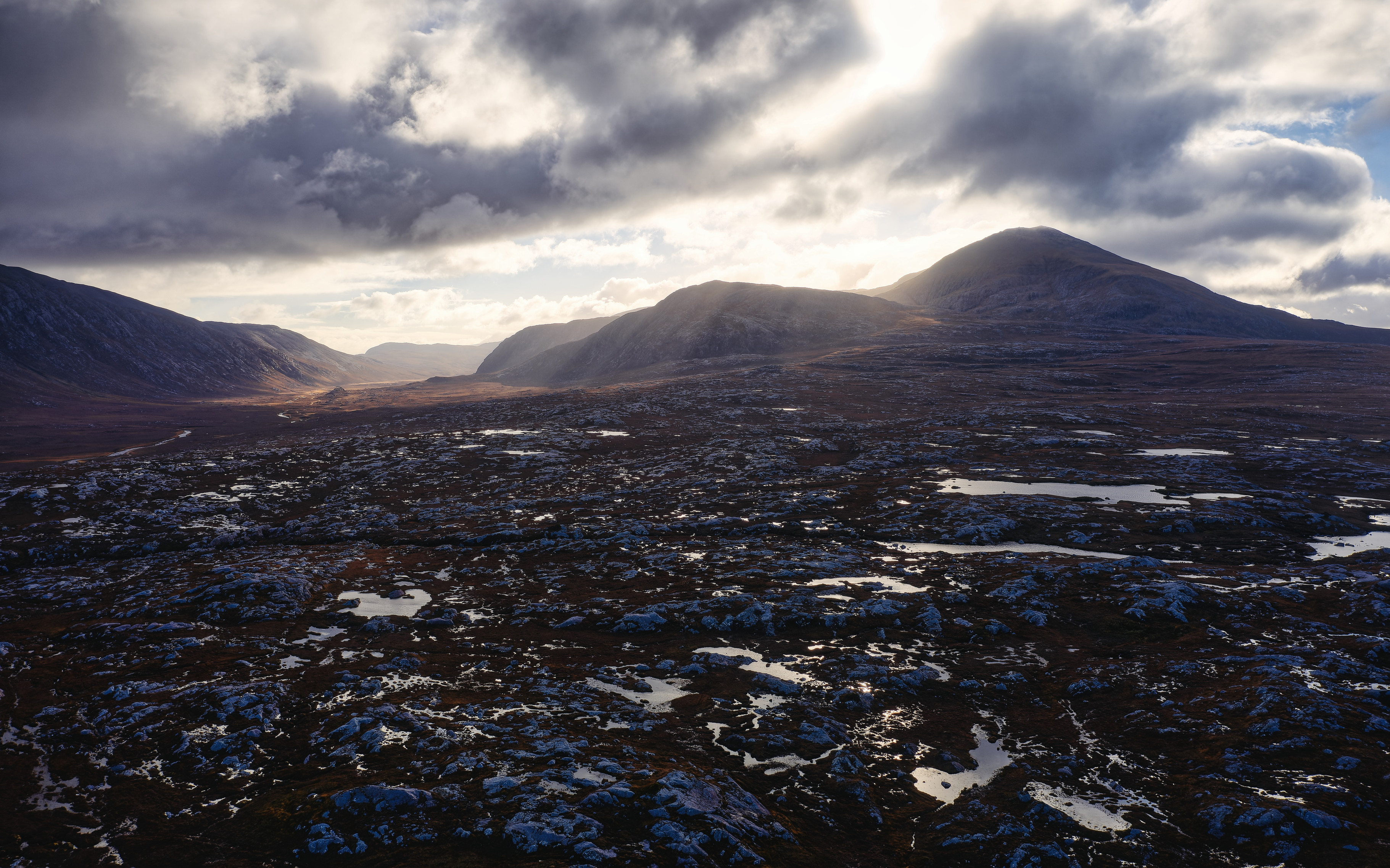 Drone photo of Karst landscape (Cnoc'n'Lochan) - gneiss interspersed with water, Strath Dionard, Sutherland