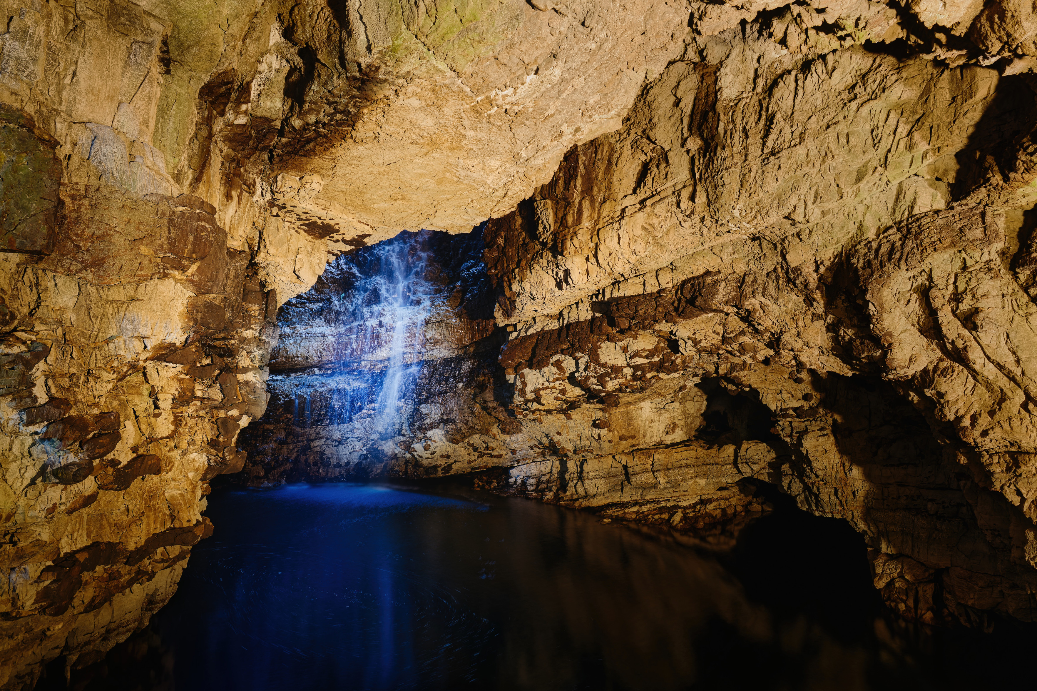 Inside Smoo cave - almost no water flowing in the river/waterfall, so I light-painted it with a bright torch.