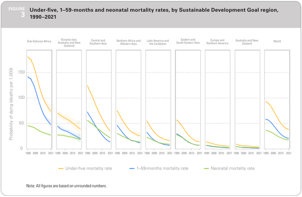 Diagrams on global and regional neonatal mortality rates 1990-2021. 