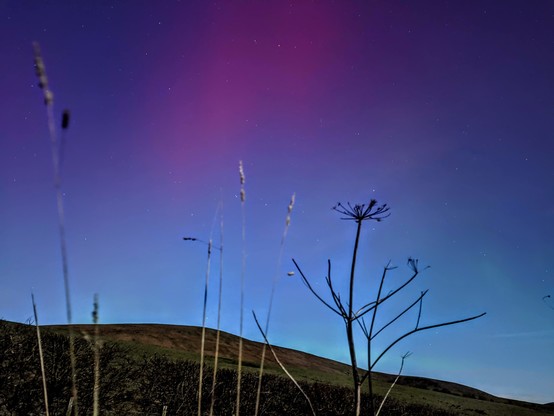 Red and green aurora above the Pentland hills.