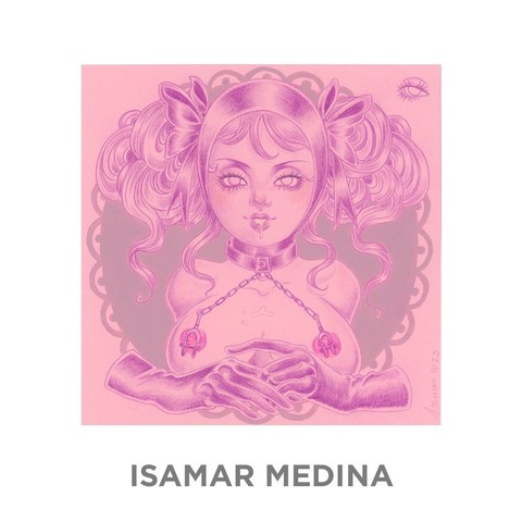 Drawing of bdsm lady in pink and pastel colors with tweezers in her nipples
