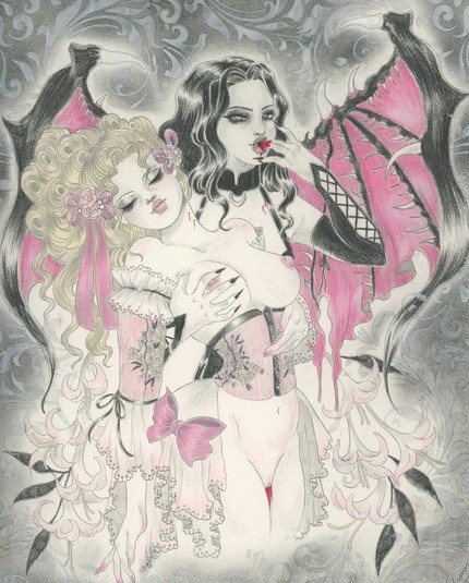 Drawing of a vampire lady holding a nude woman with a corse, the style is oldschool manga like Candy Candy