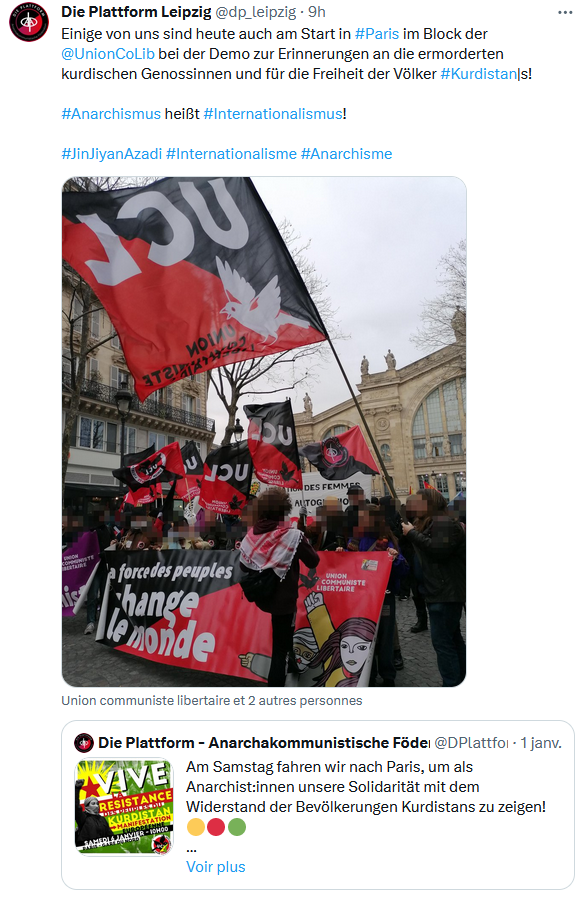 Nos camarades d'Allemagne étaient bien présent·es et ont assuré un gros suivi live de la manif en général et de notre cortège commun en particulier !