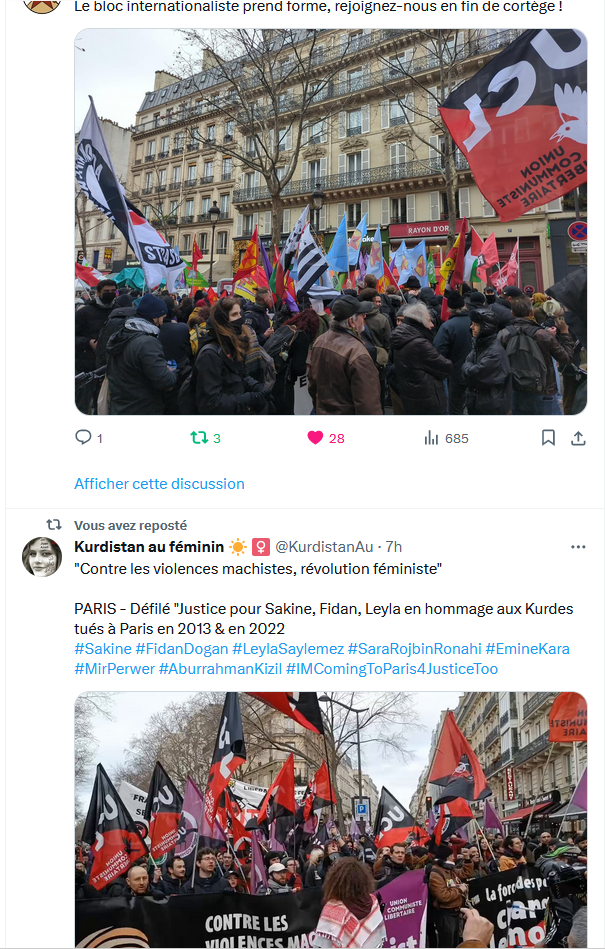 Tweet réseau Serhildan avec photo du bloc internationaliste avec un drapeau UCL en premier plan à droite et en dessous Kurdistan au féminin qui a fait un seul tweet sur les orgas présentes et c'est évidemment sur l'UCL !