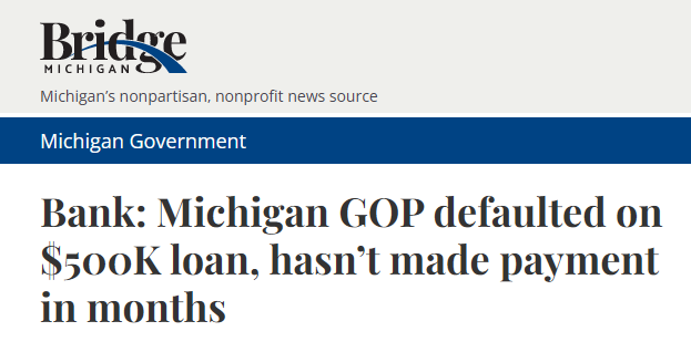 Bridge Michigan
Michigan's nonpartisan, nonprofit news source
Michigan government

Bank: Michigan GOP defaulted on $500K loan, hasn’t made payment in months