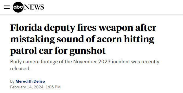 Florida deputy fires weapon after mistaking sound of acorn hitting patrol car for gunshot

Body camera footage of the November 2023 incident was recently released.
ByMeredith Deliso
February 14, 2024, 1:06 PM
