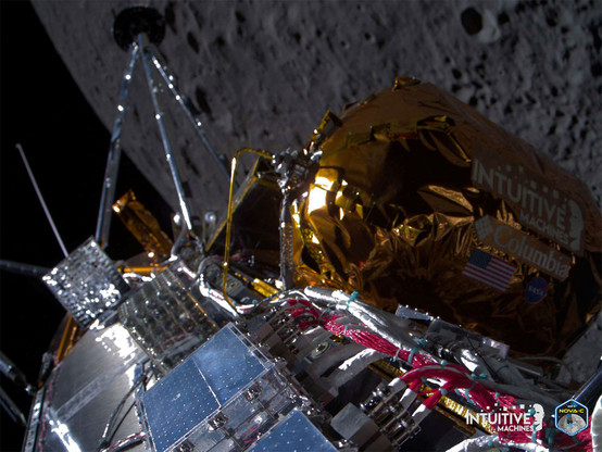 A "selfie" of Intutitive Machines' Odysseus lander descending to the Moon