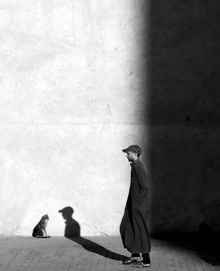 Photography. A black and white photo of a striped cat in front of a white wall and a shadow play. The cat is sitting on the left side on the floor in front of the white wall. In the center, a young man in a black coat and baseball cap walks by. His shadow appears on the wall directly in front of the cat. However, it is only his head and he seems to be talking to it, shrunk to the size of a cat. The right part of the picture is in shadow.