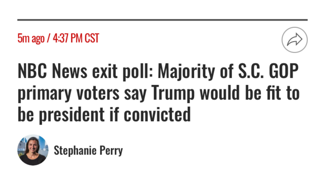 6m ago / 4:37 PM CST
social share icon trigger
NBC News exit poll: Majority of S.C. GOP primary voters say Trump would be fit to be president if convicted