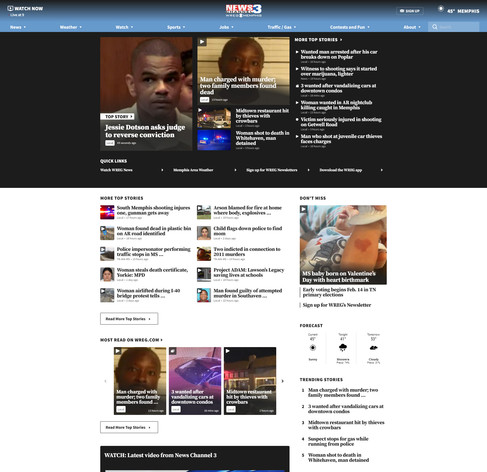 A screenshot of the WREG.com website for the CBS affiliate in Memphis, Tennessee. Of the 25 "news" headlines visible, 22 are crime stories.