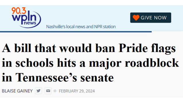 90.3 WPLN News
Nashville's local news and NPR station

A bill that would ban Pride flags in schools hits a major roadblock in Tennessee’s senate
Blaise Gainey

February 29, 2024 