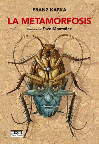Portada de la edición conmemorativa de La Metamorfosis: un dibujo de una cucaracha panza arriba cuya parte inferior se transforma en la cara sería de un hombre.