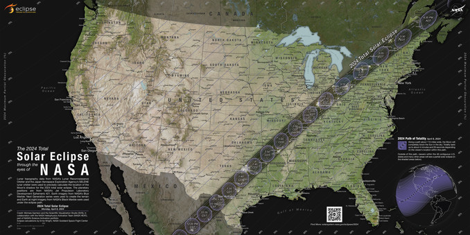 A map of the United States with the April 2024 eclipse visible path and field of totality marked on it