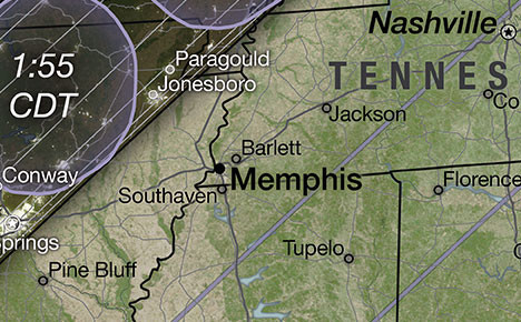 A map of the United States with the April 2024 eclipse visible path and field of totality marked on it, zoomed in tightly to the Mid-South area