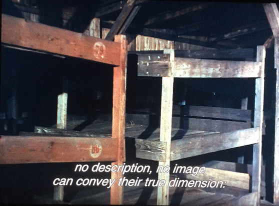 Film still showing the wooded beds at Auschwitz concentration camp. A subtitle reads: "no description, no image can convey their true dimension."