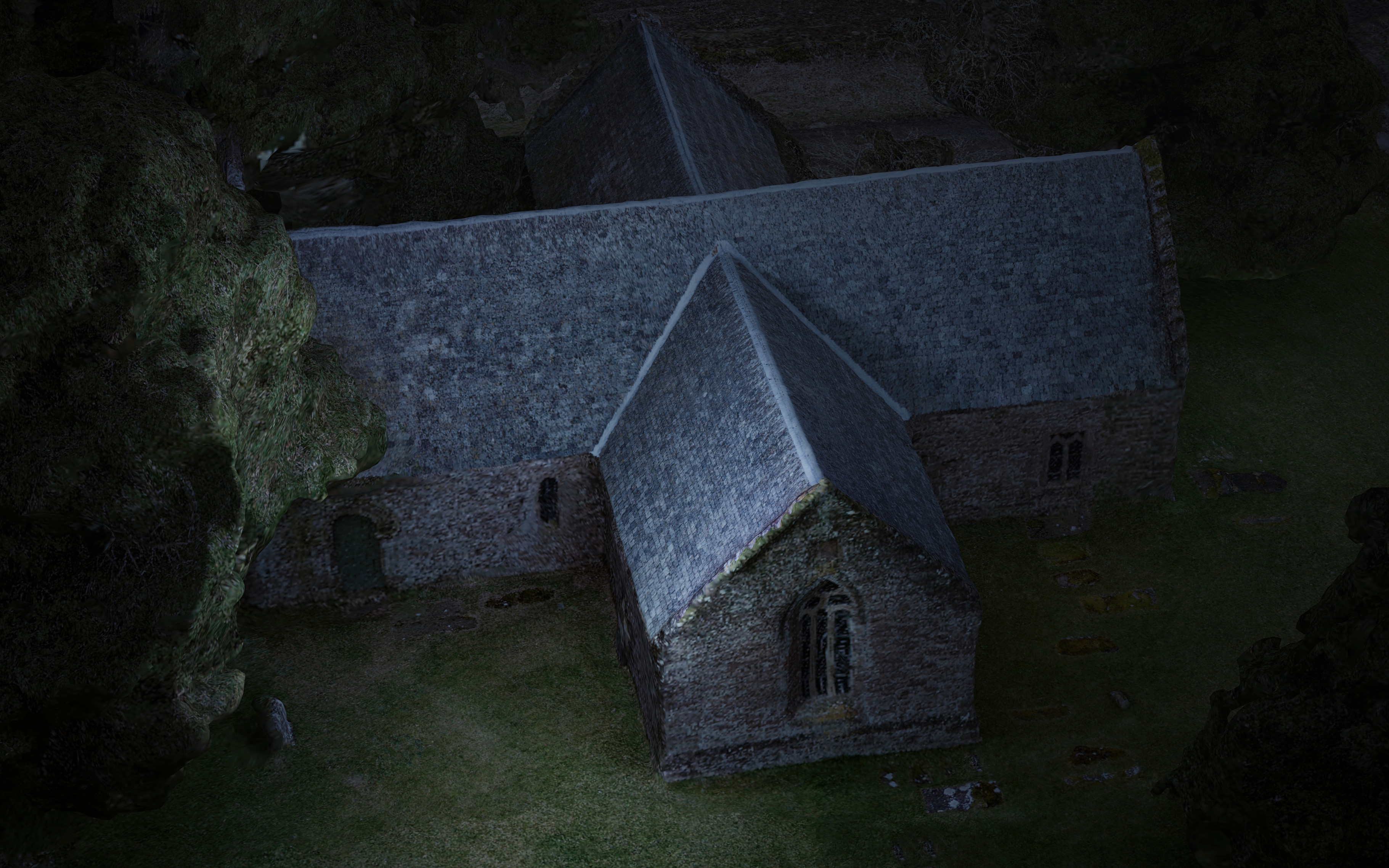 3D model of Tullibardine Chapel, Perthshire, made from 7.3Gpx of drone data, computed in WebODM, rendered in Blender and toned in LuminarAI.