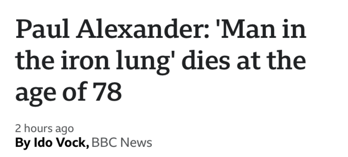 Paul Alexander: 'Man in the iron lung' dies at the age of 78
2 hours ago
By Ido Vock,
BBC News