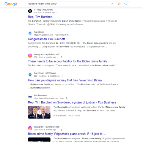 A screen full of Google results showing the numerous times Rep. Tim Burchett has whined about the "Biden crime family," as he now suddenly seems shocked that The Base demands impeachment of Biden
