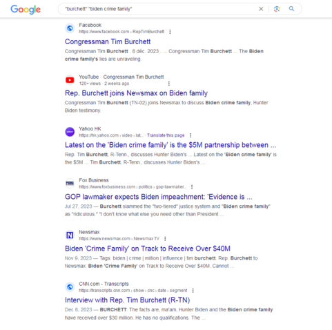 A screen full of Google results showing the numerous times Rep. Tim Burchett has whined about the "Biden crime family," as he now suddenly seems shocked that The Base demands impeachment of Biden