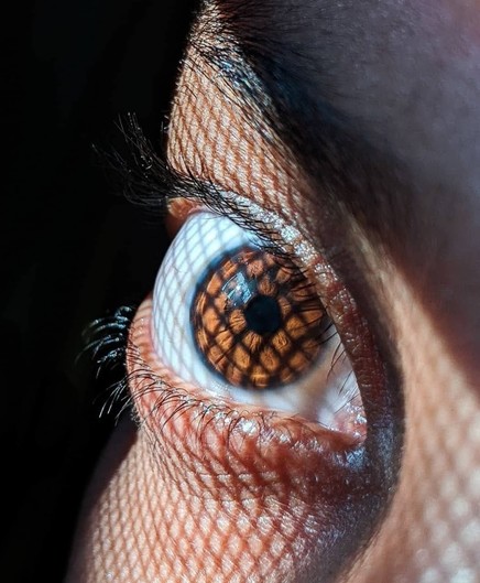 Photography. A color photo of an eye in close-up. A brown eye, an eyebrow and a piece of the nose can be seen. The eye is looking upwards into a light source with a grid pattern. The intense gaze with the interesting play of shadows creates a beautiful photographic effect.
Info: The photo is a reminder to look after the health of your own eyes, notice changes quickly and go to the doctor.
