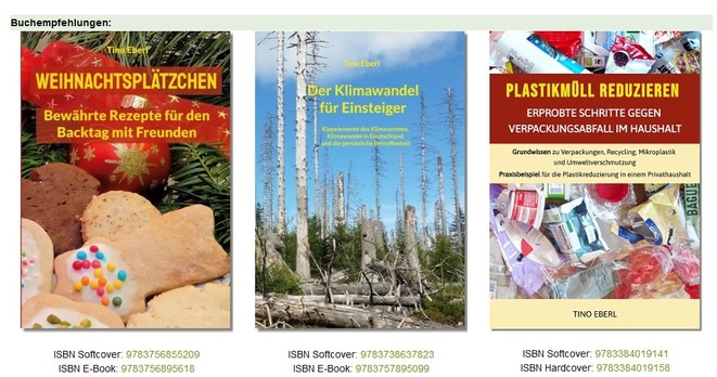 Drei Buchcover mit Empfehlungen: Links ein Backbuch namens "WEIHNACHTSPLÄTZCHEN" mit Bildern von Keksen, in der Mitte "Der Klimawandel für Einsteiger" mit einem Wald, dessen Bäume kahl sind, und rechts "PLASTIKMÜLL REDUZIEREN", dargestellt durch einen Haufen verschiedener Plastikabfälle. Unter jedem Cover sind ISBN-Nummern angegeben.