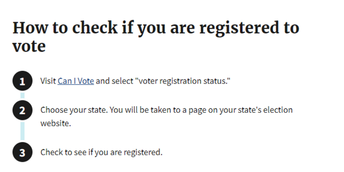 How to check if you are registered to vote

Visit Can I Vote and select "voter registration status."

Choose your state. You will be taken to a page on your state's election website.

Check to see if you are registered.