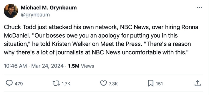 
Michael M. Grynbaum
@grynbaum
Chuck Todd just attacked his own network, NBC News, over hiring Ronna McDaniel. "Our bosses owe you an apology for putting you in this situation," he told Kristen Welker on Meet the Press. "There's a reason why there's a lot of journalists at NBC News uncomfortable with this."