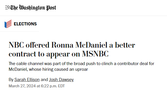 The Washington Post
Elections
NBC offered Ronna McDaniel a better contract to appear on MSNBC
The cable channel was part of the broad push to clinch a contributor deal for McDaniel, whose hiring caused an uproar
By Sarah Ellison
and 
Josh Dawsey
March 27, 2024 at 6:22 p.m. EDT